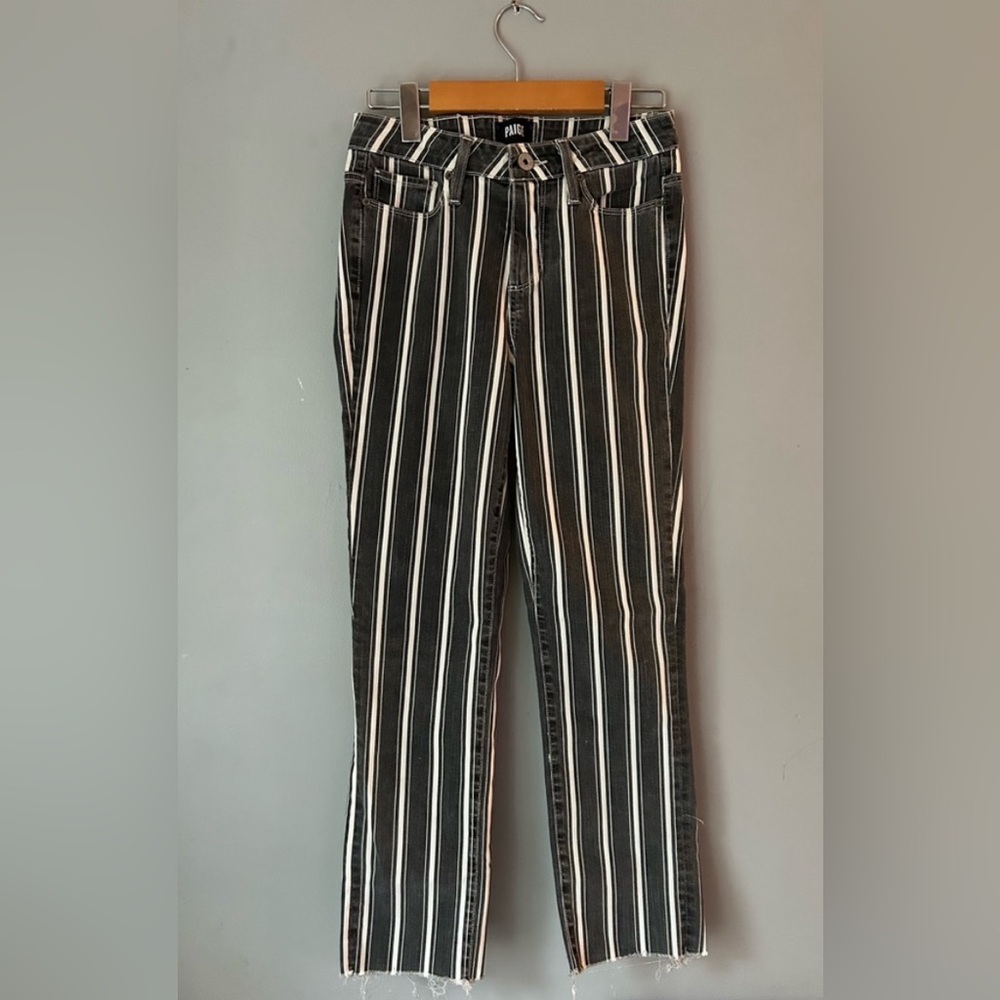 Paige Womens Hoxton Straight Ankle Striped Jeans Black Size 26 Mid Rise Raw Hem.